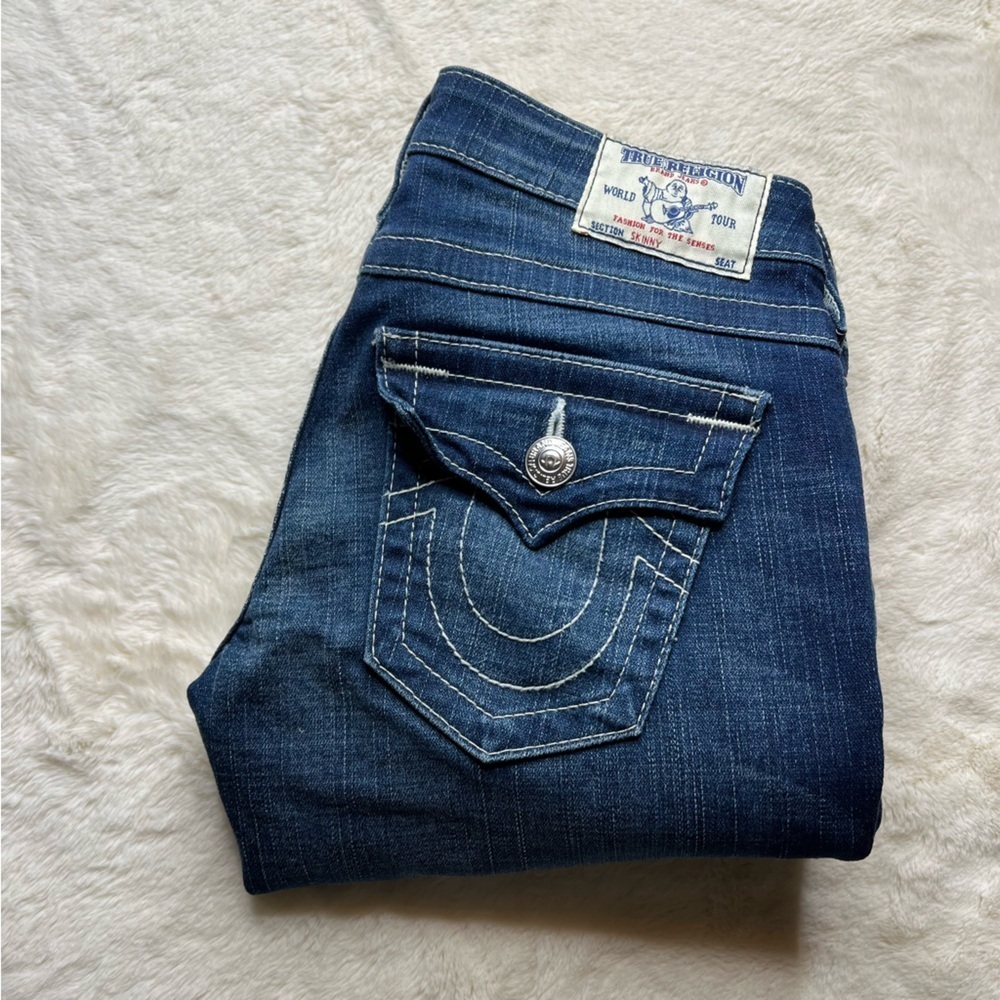True Religion Skinny Jeans with Flap Pockets Size 26 Dark Wash Distressed Denim